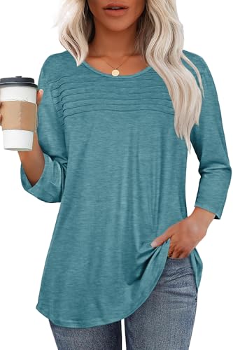 rosemia 3/4 Length Sleeve Womens Tops Crewneck Casual Blouses Dressy Pleated Front Loose Fit T Shirts
