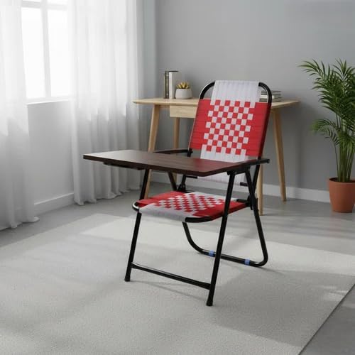 Image of Adjustable Writing Pad Study Desk Chair | Mild Steel Foldable Frame | Comfortable Red & White Nylon Niwar Seat | Ideal for Coaching, Home, Kids, Students, Office, Study Room Use (Red & White)