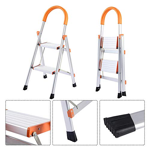 Thaweesuk Shop Orange & White Non-Slip 2 Step Aluminum Ladder Folding Platform Stool 330 lbs Load Capacity New Aluminum Alloy 18