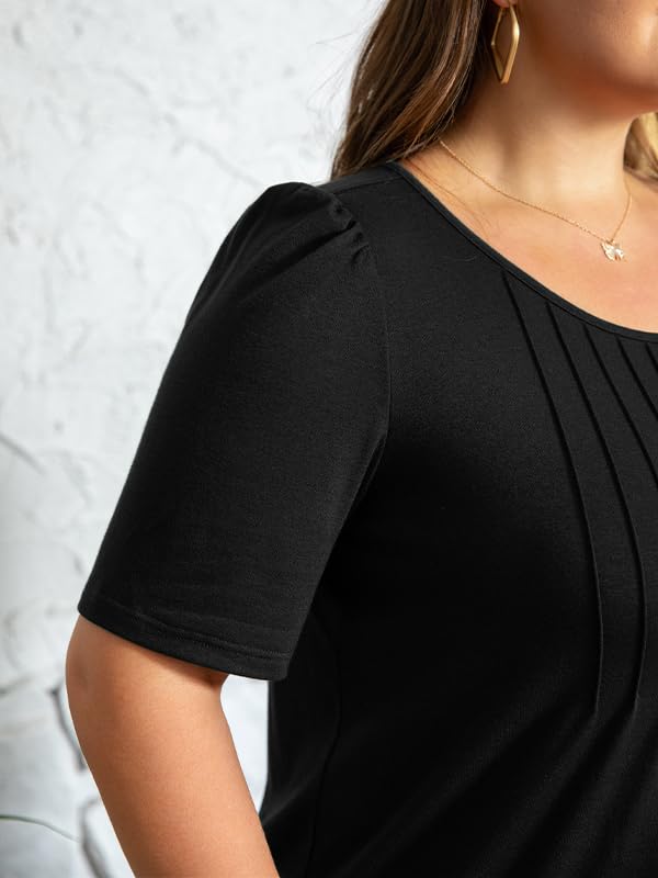 Plus Size Womens Summer Tops Puff Short Sleeve Crew Neck Pleated T Shirts Loose Dressy Casual Blouses4