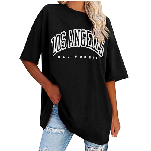 UHouse Tshirt Damen Elegant T Shirt Casual Longshirt Mode Motiv Bekleidung Los Angeles Oberteile Sommer Bluse Oberteile Frau Lockere Top Baumwolle Tee Shirts Blusen Schwarz 5XL