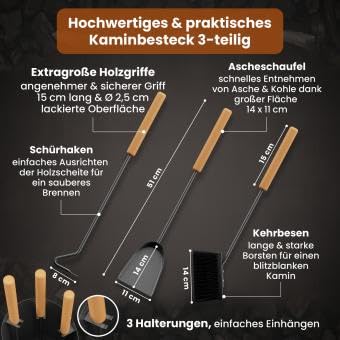 BLACK OAK Kaminbesteck Vail, 4-teilig, Metall Anthrazit mit Holzgriffen, 62 x 21 cm, Besen, Schaufel, Schürhaken und Ständer