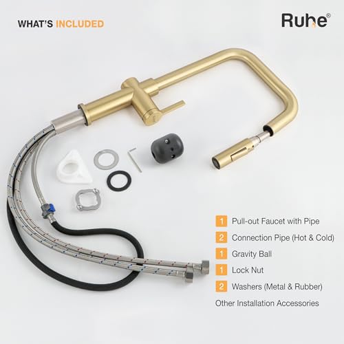 Image of Ruhe Opulo Dual Flow Pull-out Kitchen Mixer Faucet - Brushed Gold | 360 Swivel | Hot & Cold Water Faucet | Single Lever Tap | Table Mounted Kitchen Sink Tap