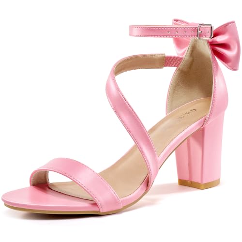 Reimferce Comfortable Block Heels for Women: Cushioned Insole | 3.14 Inch Bow PU Upper Plush Lining for Wedding Guests — Slip Resistant & Adjustable Strap for All Day