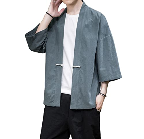 Image of Mens Kimono Cardigan Cotton Linen Japanese Shirt 3 /4 Sleeve Haori Yukata | Skin-Friendly Solid Color Lightweight Shawl Collar Kimono Robe Embroidery Button Tie Pockets Happi Coat All Season Daily Wear