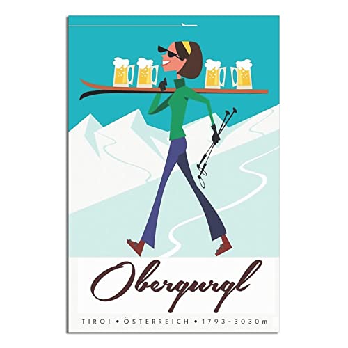 Poster vintage de voyage Obergurgl Autriche Ski vintage sur toile, décoration murale, affiche, peinture, affiche, cadeau, 30 x 45 cm