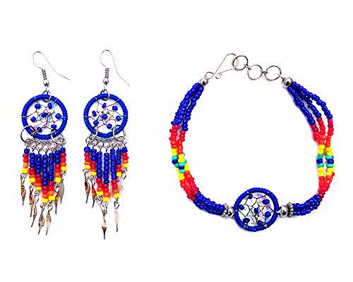 Handmade Native American Style Tribal Dream Catcher Seed Bead Multi Strand Bracelet Dream Catcher Long Beaded Dangle Earrings Jewelry Set (Blue)