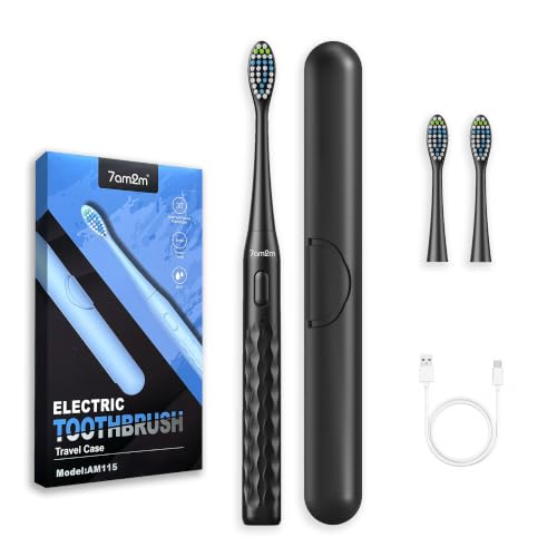 Image of 7AM2M Sonic Travel Electric Toothbrush for Adults&Kids, Travel Case&2 Brush Heads, 1 Charge for 90 Days, Type-C Rechargeable Sonic Toothbrush, Compact Design for Daily /Travel Use-Black