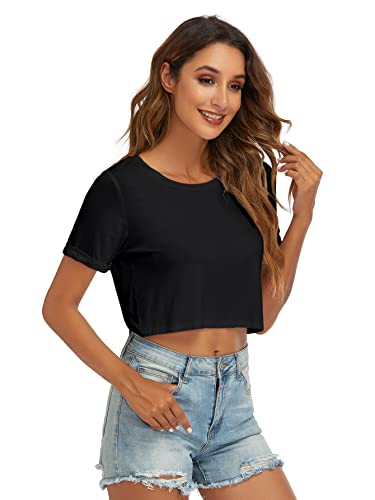 Womens Basic Summer Round Neck Crop Tops Loose Rolled Short Sleeve Solid Tee Shirt4