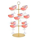 QPIX DIGITAL Champagne Tower,Metal Cocktail Tree Stand 3 Tier - 12 Holders For Champagne, Cocktails, Martini, Margarita Cups at Weddings,Bridal Parties & Events,Cocktail Glass Gold Holder