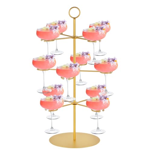 QPIX DIGITAL Champagne Tower,Metal Cocktail Tree Stand 3 Tier - 12 Holders For Champagne, Cocktails, Martini, Margarita Cups at Weddings,Bridal Parties & Events,Cocktail Glass Gold Holder