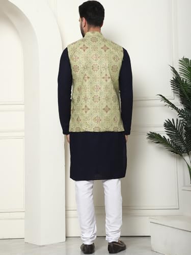 Image of SOJANYA (Since 1958 Men's Cotton Linen Maroon Kurta and White Pyjama with Mustard Cotton Nehru Jacket