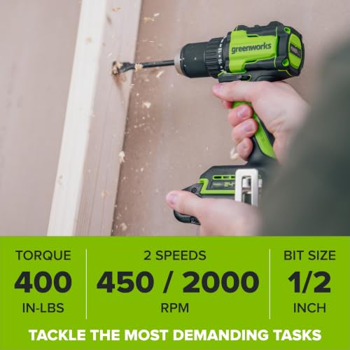 Image of Greenworks PowerAll 24V Cordless Brushless 1 /2 inch 400 in-lbs Drill /Driver, 20+1 Ratcheting Clutch, 2.0Ah USB-C Battery (12,000mAh Power Bank),30W USB-C Charger and Cable,10PC Titanium Drill Bit Set