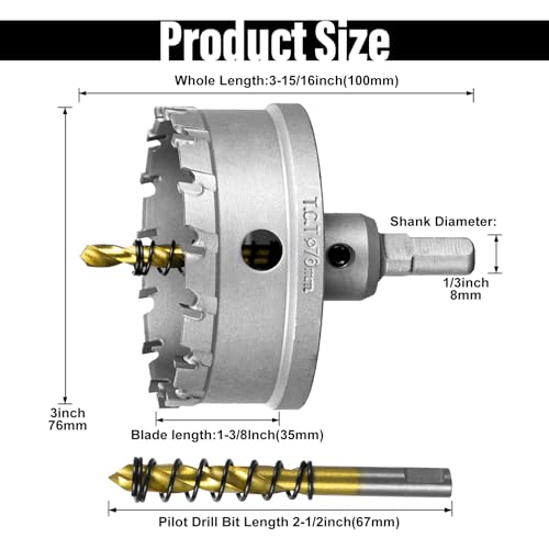 Image of SALI 3 inch(76mm) TCT Hole Saw Kit Tungsten Carbide Tipped Hole Saw Drill Bit with Titanium-Plated Pilot Drill bit for Metal, Stainless Steel, Iron, Wood, Plastic