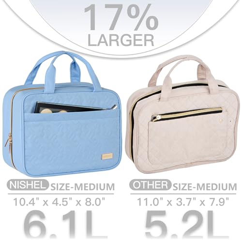Image of NISHEL Travel Toiletry Bag for women, Portable Hanging Organizer for Travel-Sized Shampoo, Conditioner, Brushes Set, Makeup Accessories, Medium Size, Placid-Blue