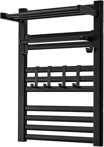 Toallero Eléctrico Negro con Estante, Toallero Calefactado Montado En La Pared del Baño, Tendedero Calefactado Enchufable De Aleación De Aluminio, Varilla Calefactora Termostática