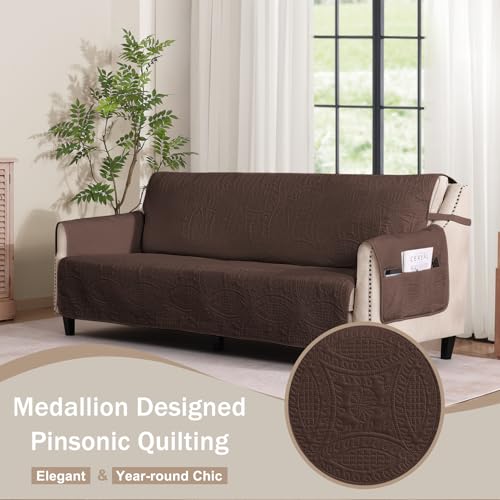Image of Soft Couch Cover with Pockets for Extra-Large Sofa, Medallion Quilted Design Couch Covers for 3 Cushion Sofa, Oversized Sofa Covers Washable Water-Repellent (X-Large Sofa 78 inch, Chocolate)