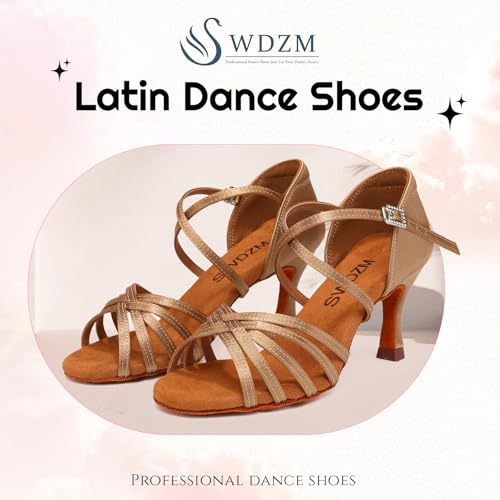 Swdzm S-227-BROWN-7-40 Women'S Satin Latin Dance Shoes Ballroom Salsa Waltz Performance Practice Dancing Shoes,Beige,8.5 Us thumb #1