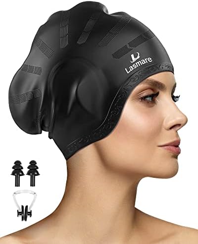 Long Hair Swim Cap for Women Men with 3D Ear Protection, Silicone Swimming Cap for Long/Short Hair to Keep Hair Dry, Waterproof Adult Swim Hats Bathing Caps with Ear Plugs & Nose Clip (Black)