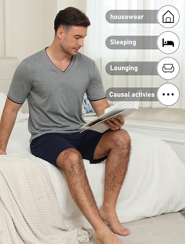 Image of MoFiz Mens Pajamas Set Short Sleeve PJ's Sleep Lounge Sleepwear Cool Pyjama Summer Sets Comfortable Lightweight