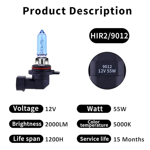 Image of 9012 Headlight Bulb HIR2 Bulb Halogen 5000K Super White Light Long Life Replacement PX22D 12V /55W (9012 /HIR2, 4 Pack)