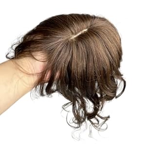 AYunhe Curly Wavy Human Hair Topper for Women Clip in Human Hairpieces with 3D Bangs Fringe Hair Extensions 35cm Mid Part Hair Toupee (Light Brown)