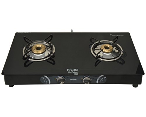 Preethi Blu Flame Gleam Glass Top 2-Burner Manual Gas Stove (Black) (ISI Certified), GTS102