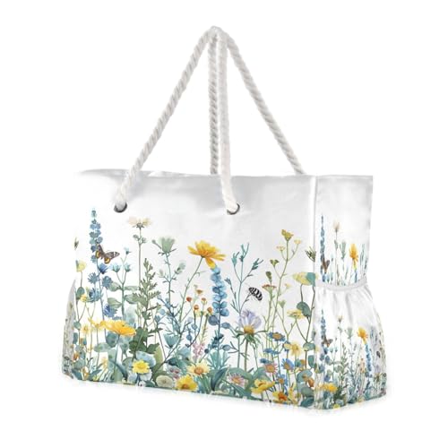 Wildflowers with Butterflies Beach Bag with Top Zipper Closure, Waterproof Pool Bag, Large Beach Tote for Women#305