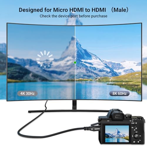 Image of 8K Micro HDMI to HDMI Cable 10FT, 8K@60hz, 4K@120hz, Micro HDMI Ultra High Speed Support HDR eARC Dolby Compatible with GoPro Hero 7 6 5 4,Raspberry Pi 4,Sony Camera,Nikon