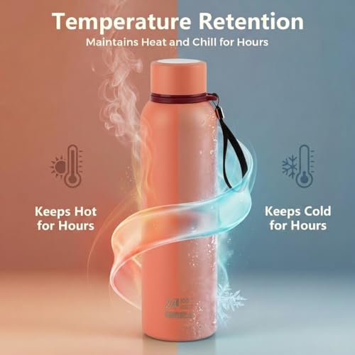 Image of CELLO Duro Kent Gen-X Stainless Steel Flask 520ml Peach | Wide Mouth with Carrying Loop, Leak Proof Double Wall Vacuum Insulated Hot and Cold Flask Water Bottle For Office Gym Biking Outdoor Hydration