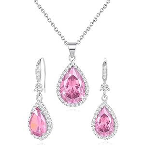 Women Jewelry Set Silver/Gold Plated Teardrop Pendant Necklace Dangle Drop Earrings Dangling Sets Birthstone Crystals Rhinestone,Birthday Anniversary Wedding Mother’s Day Gifts for Women