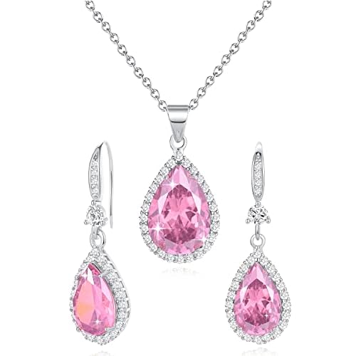 Women Jewelry Set Silver/Gold Plated Teardrop Pendant Necklace Dangle Drop Earrings Dangling Sets Birthstone Crystals Rhinestone,Birthday Anniversary Wedding Mother’s Day Gifts for Women