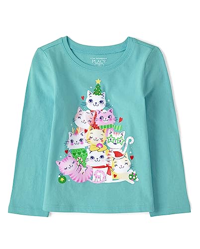 Image of The Children's Place Baby-Girls and Toddler All Holidays Long Sleeve Graphic T-Shirts Christmas Cat Tree 3T