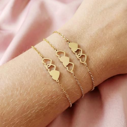 Image of 2 & 3 Pcs Triple Heart Link Sister BFF Bangle Bracelet Set | Matching Bestie Friendship Jewelry, Mother's Day Graduation Gifts for Women Teengirls