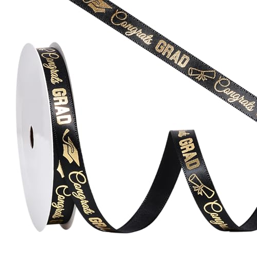 Ribest Class of 2026 Graduation Ribbon Gold Congrats Grad Black Satin Ribbon for Gift Wrapping Crafts Party Decoration 3/8 Inch 10 Yard