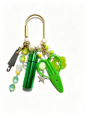 MEYAGO Needlepoint Bag Charm Tool Kit with Mini Embroidery Scissors Needle Threader Needle Holder Tube & Gold Keyring Portable Embroidery Accessories for Cross Stitch Sewing DIY Crafts (Green)