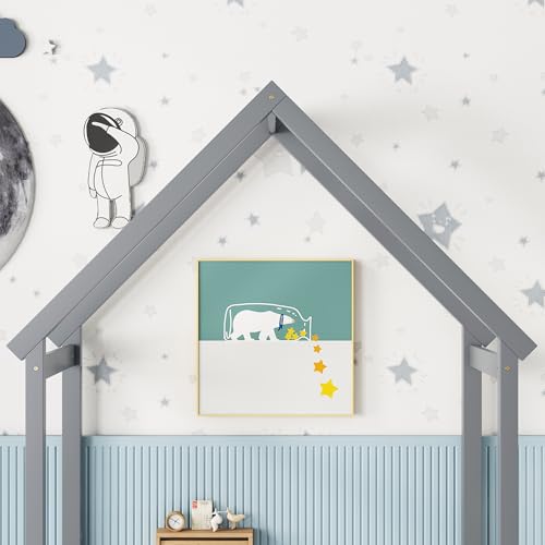 Zyerch Full Size House Bed for Kids, Floor Bed Montessori House Bed Frame with House Shape Roof and Semi-Fence, Wood House Bed Twin for Girls, Boys, Low to Ground Height, Grey