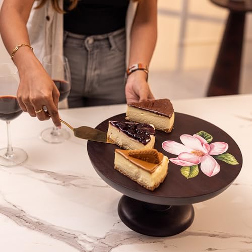 Image of Ireka Home Sakura Cake Stand, Acacia Wood - Round Cake & Pizza Stand, Dessert Platter for Dining Table, Cupcake & Pastry Display Stand, Cake Cutting Holder
