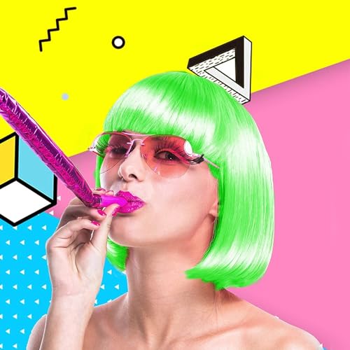 Image of LIULIUBTY Short Bob Hair Wigs Straight with Flat Bangs Synthetic Colorful Cosplay Daily Party Neon Wig for Women with Wig Cap 12 inch Natural As Real (Bright,Green)