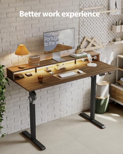 Image of Agilestic 55 x 24 Inch Electric Standing Desk with Shelf, Height Adjustable Desk with Power Outlets & LED, Sit Stand Up Table with Monitor Stand, Computer Workstation, Dark Walnut