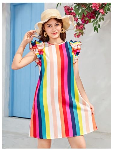 Floerns Girl's Rainbow Striped Print Ruffle Trim Cap Sleeve Short Tunic Dress4