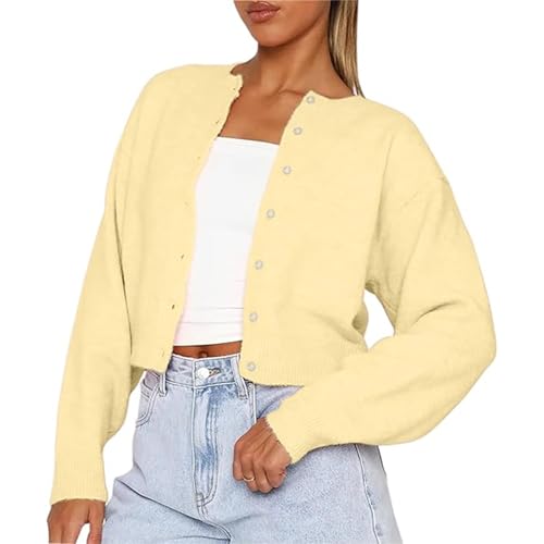 RUEWEY Women Y2k Crew Neck Button Down Long Sleeve Cropped Cardigan Knitted Sweater Light Jacket