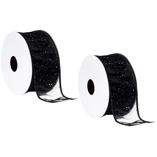Offray 453870 1.5 Wide Wired Cosmic Glitz Ribbon for Gift Wrapping Decoration and Crafts Two Pack of 3-Yard Spools Black