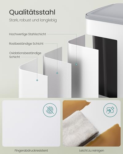 SONGMICS Mülleimer Küche, 2 x 30 Liter, 2 Fächer, Abfalleimer, Tretmülleimer, Küchenmülleimer mit Softclose-Deckel und Inneneimer, Stahl, inklusive 15 Müllbeutel, mattweiß LTB741W02