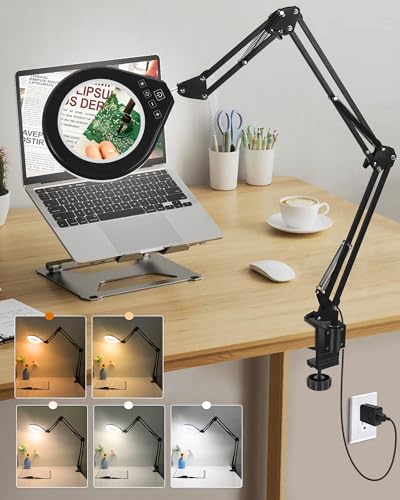 10X & 5X Magnifying Glass with Light, Ultra Long Swing Arm, 5 Colors & 10 Brightness, Real Glass Lens Large Magnifying Lamp for Craft Painting Workbench Jewelry Making Hobby Close Work (White)