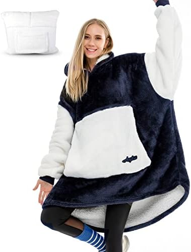 Argstar Oversized Blanket Hoodie Women Men, Cozy Sherpa Wearable Blanket Adult, Comfy Giant Warm Soft Hoodie Blanket Sweatshirt with Deep Pocket and Elastic Sleeve (Navy Blue)