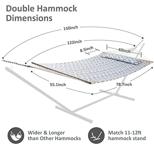 Suncreat Double Quilted Hammock With Hardwood Spreader Bar, Extra Large Soft Pillow, Heavy Duty 2 Person Hammock For Indoor, Outdoor, Grey Pattern #TOP3