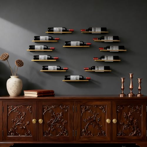 Image of 6-Shelf Metal Wall Mounted Wine Rack - Hanging Wine Bottle Holder Organizer for Kitchen, Bar, Home Storage - 6PCS Iron Wine Bottle Display Stand (6PCS-Gold)