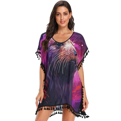 Purple Abstract Art Seal Women's Beach Cover Up Chiffon Tassel Swimwear Swimsuit Coverups for Girl