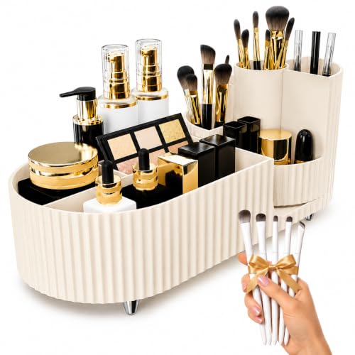 Organizador de Maquillaje Giratorio 360°con 9 compartimientos para cosmeticos y perfumes, organizador brochas maquillaje para tocador, baño y dormitorio. Set de 5 pinceles incluidos. Makeup Organizer
